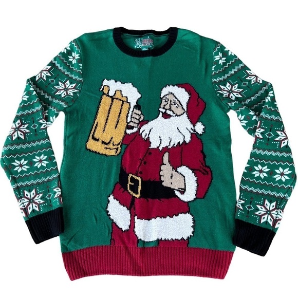 Santa Thumbs Up Cheers Beer Ugly Christmas Sweater Fair Isle Long Sleeve Med NWT - Picture 1 of 8